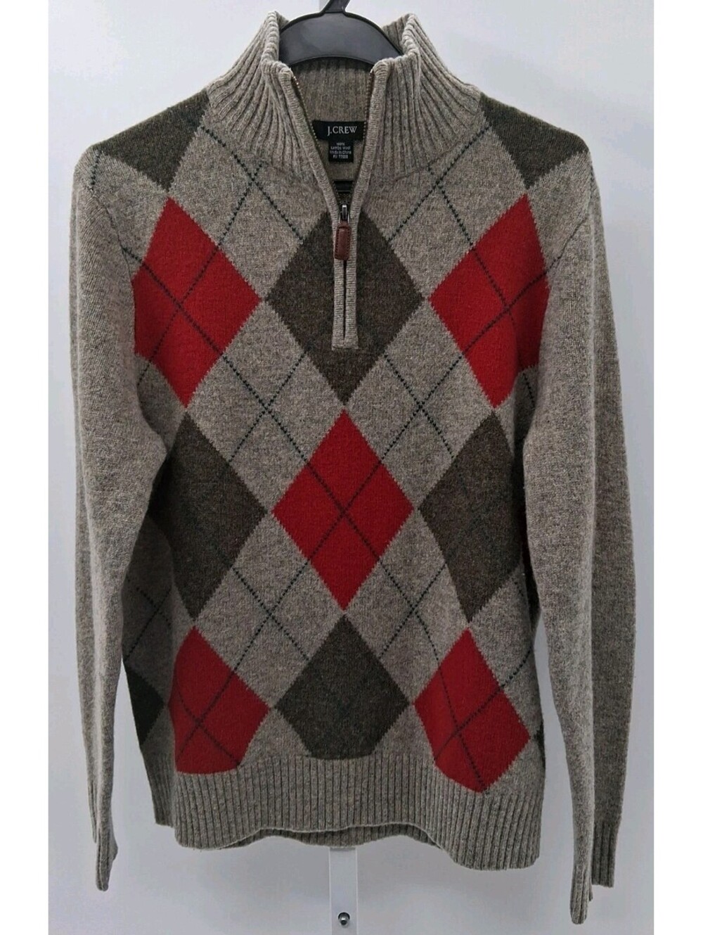 J. Crew Sweater Mens Small Gray Argyle 1/4 Zip Mock Neck 100% Lambs Wool Preppy